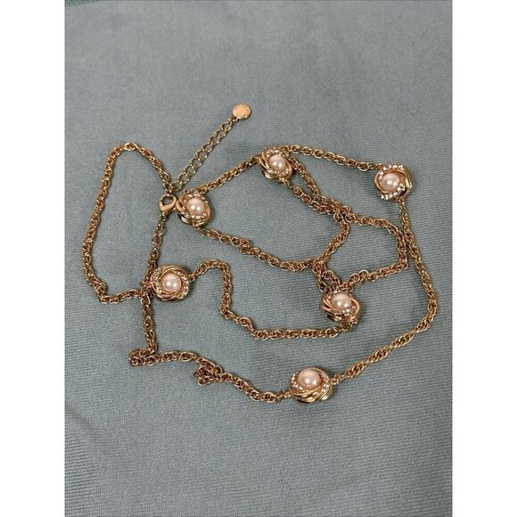 Gold tone pearl and chain long necklace - Picture 2 of 10